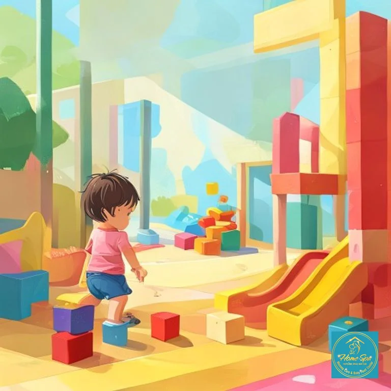 ai: minimalist vector illustration of a toddler exploring a colorful play area
