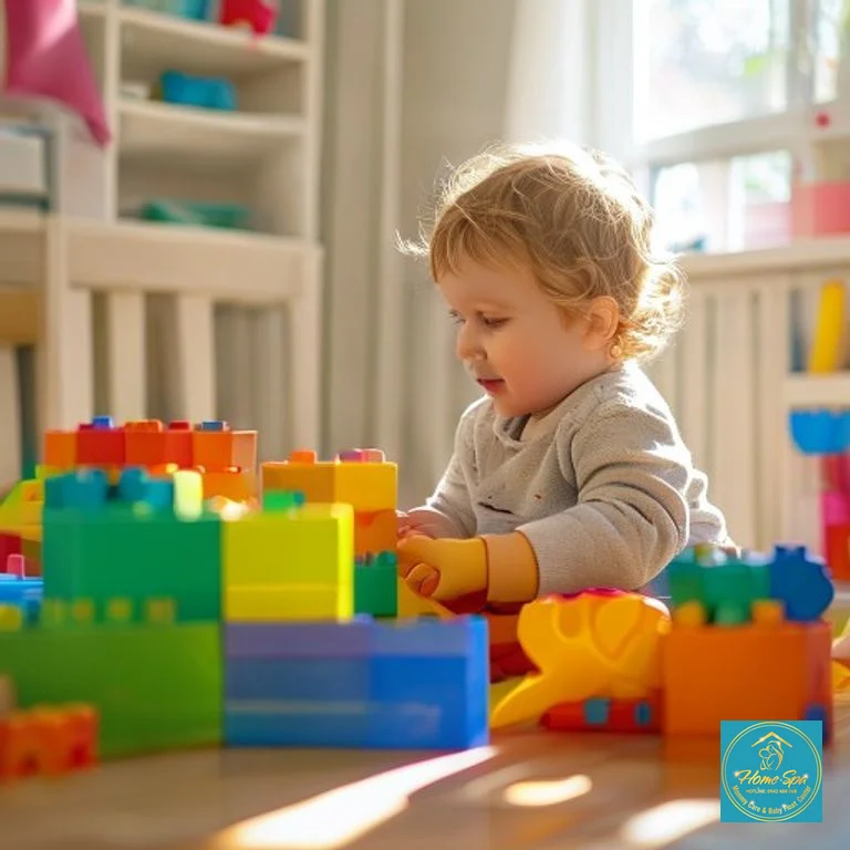 stock: professional photo of a toddler playing with large colorful building blocks in a well-lit