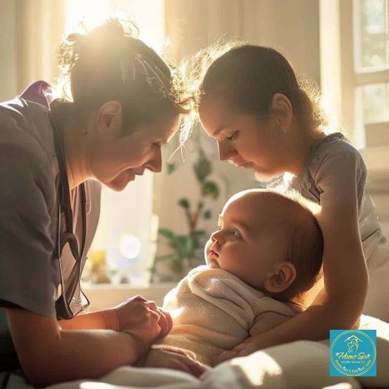 stock: professional photo of a caregiver observing a baby's non-verbal cues in a brightly lit room