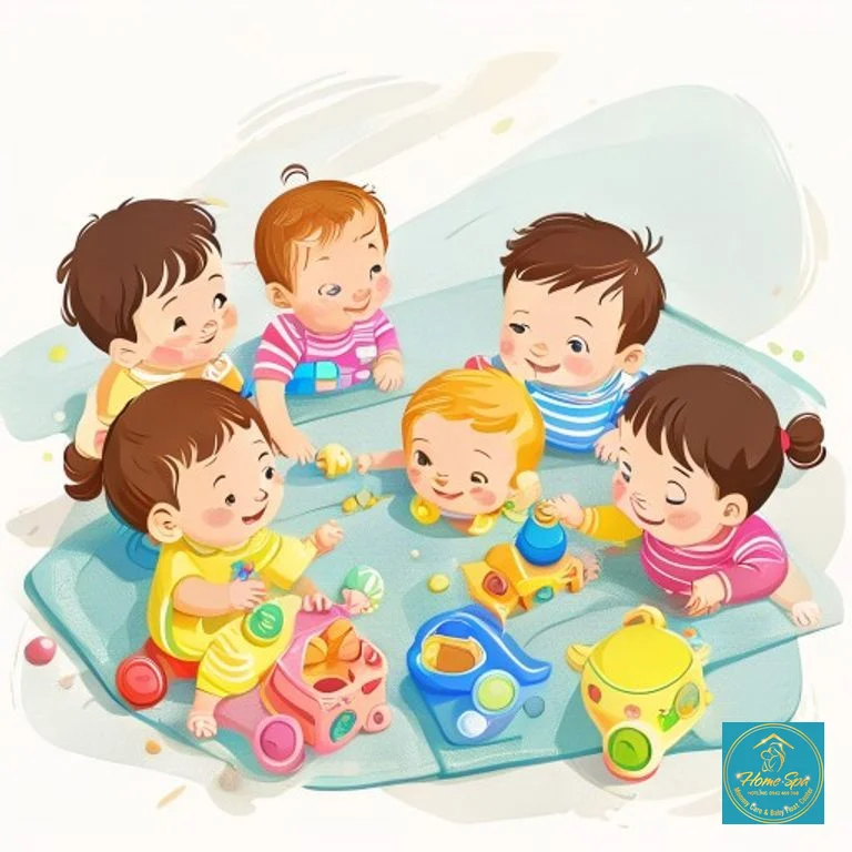 ai: colorful vector illustration of babies playing with various developmental toys on a soft mat
