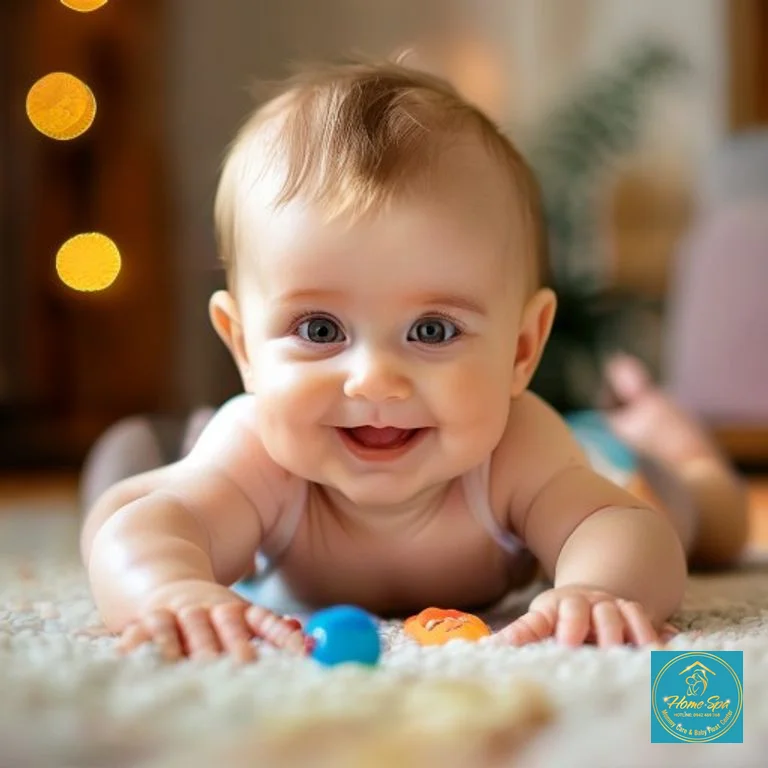 stock: professional photo of a baby 6-9 months old doing tummy time on a soft mat