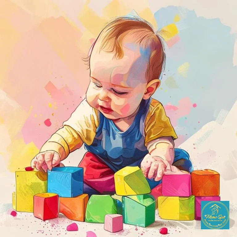 ai: vibrant vector illustration of a baby 6-9 months old playing with colorful building blocks