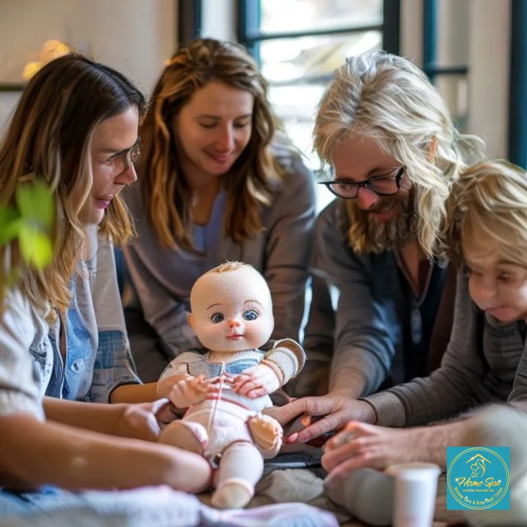 stock: professional photo of a group of adults learning baby care techniques with a doll