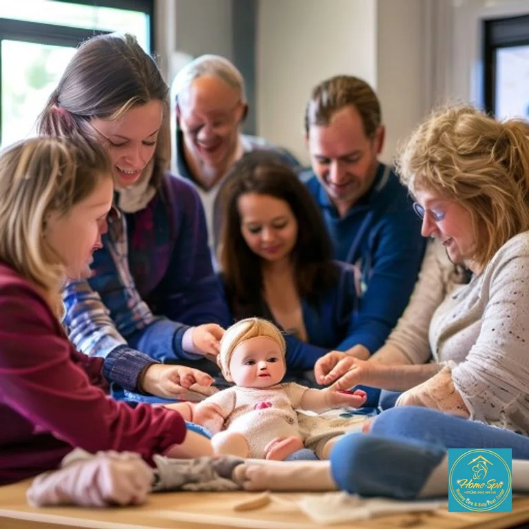 stock: professional photo of a group of adults learning baby care techniques with a doll