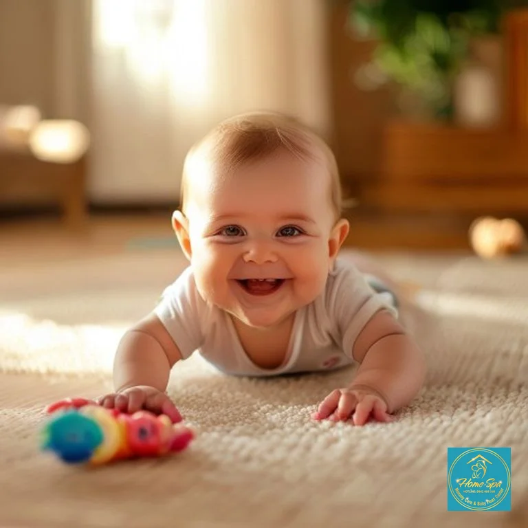 stock: professional photo of a baby 6-9 months old doing tummy time on a soft mat