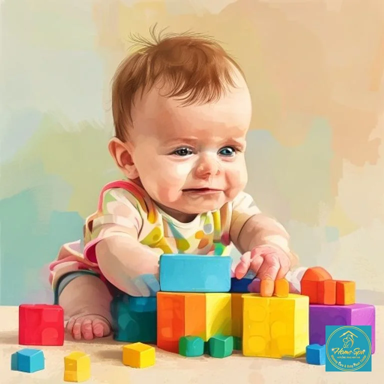 ai: vibrant vector illustration of a baby 6-9 months old playing with colorful building blocks