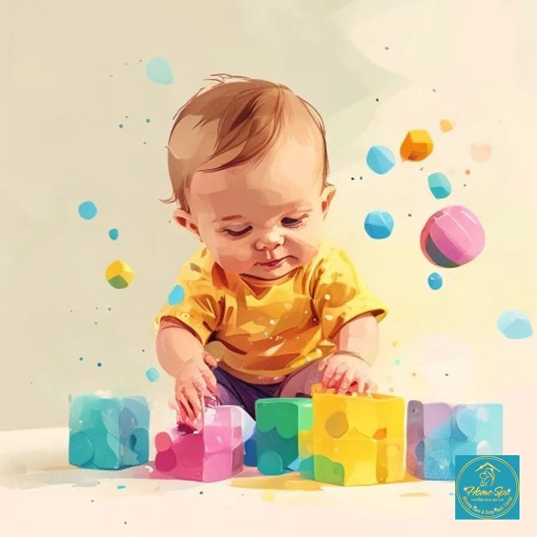 ai: minimalist vector illustration of a baby playing with soft building blocks and a colorful ball