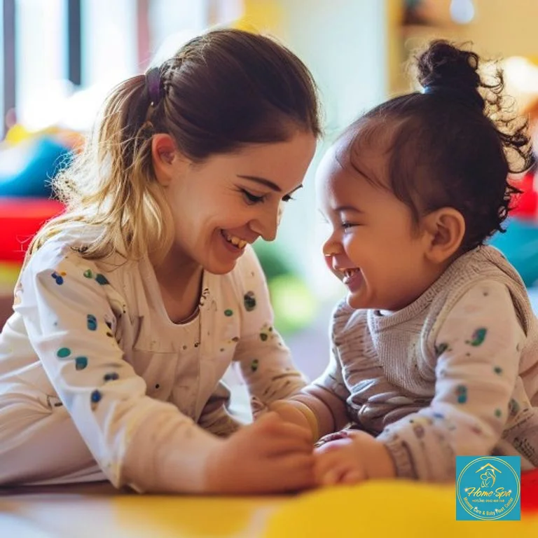 stock: professional photo of a female early childhood education specialist interacting gently with a smiling baby (0-12 months old) in a bright